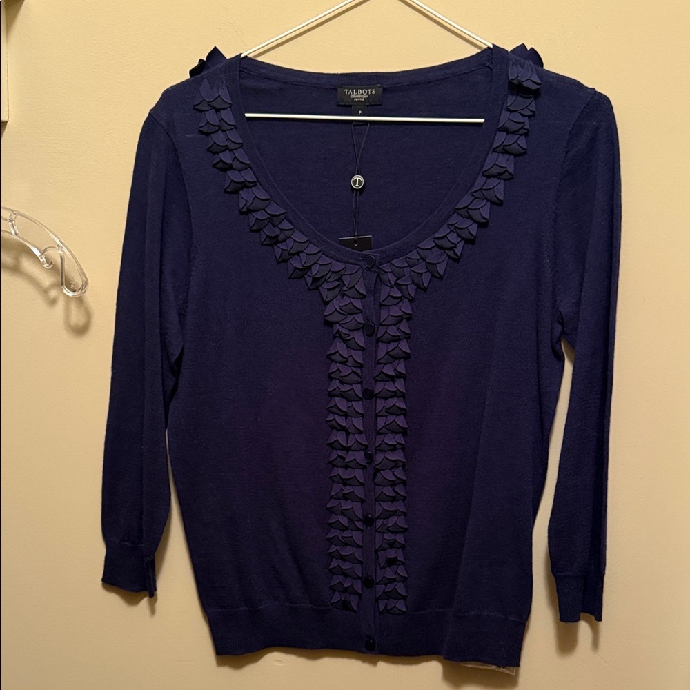Talbots Deep Blue Cardigan with Ruffle Detail